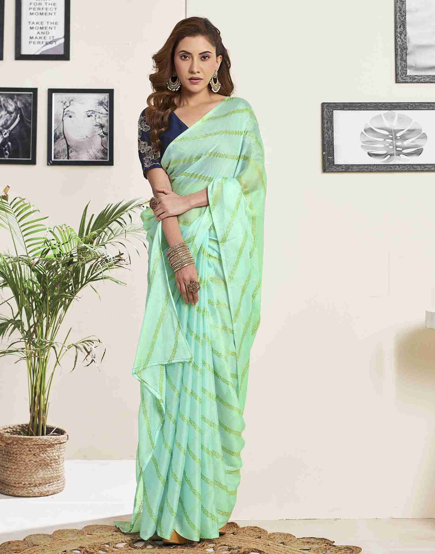 Mint Green Chiffon Plain Saree