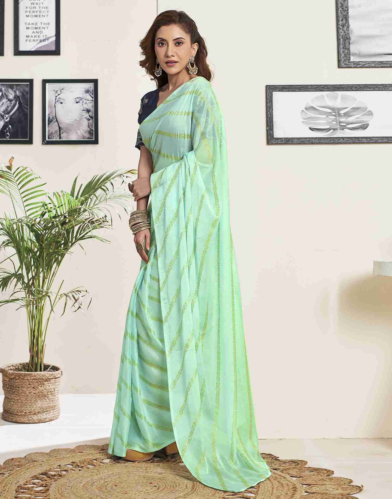 Mint Green Chiffon Plain Saree