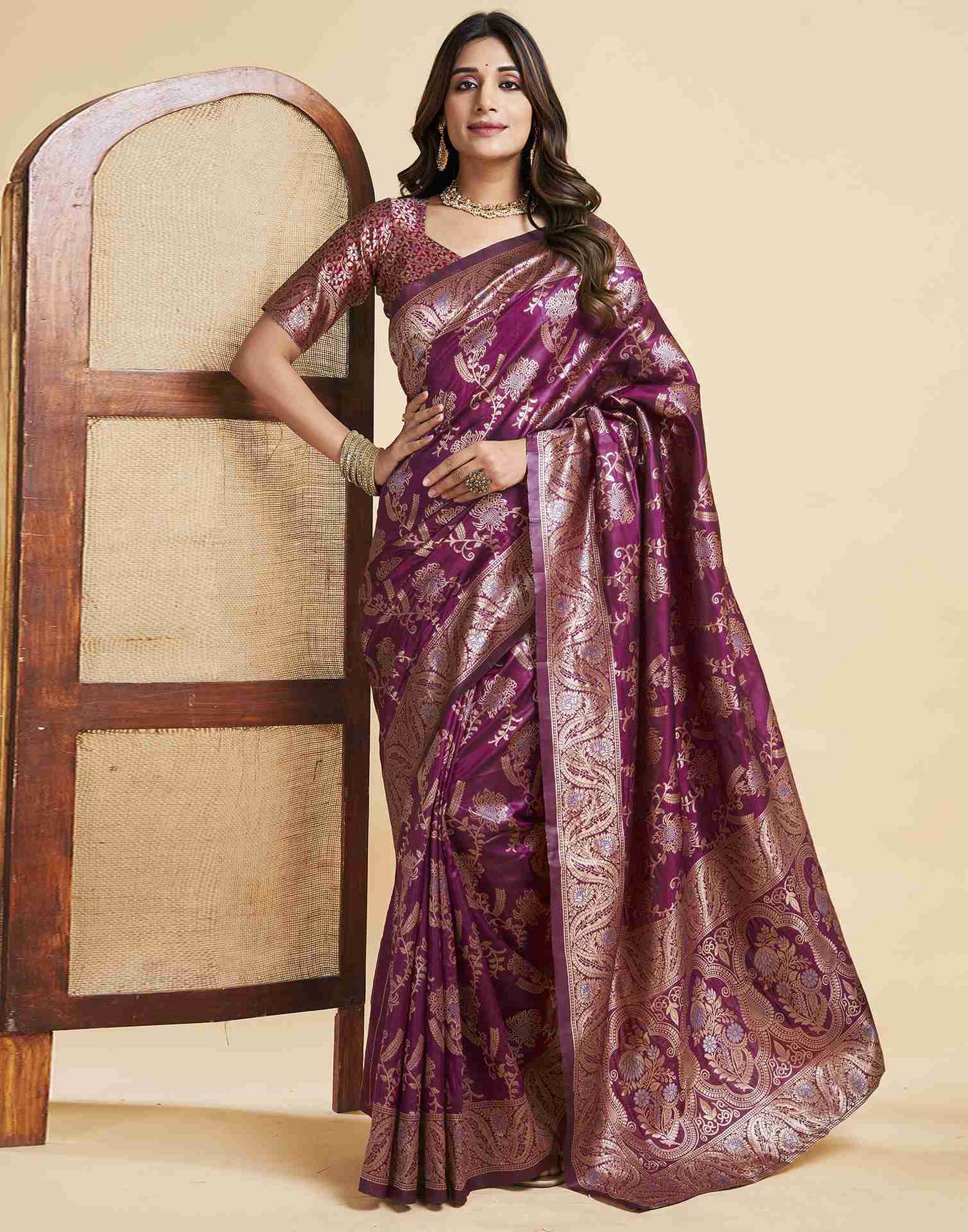 Wine Floral Banarasi Silk Saree