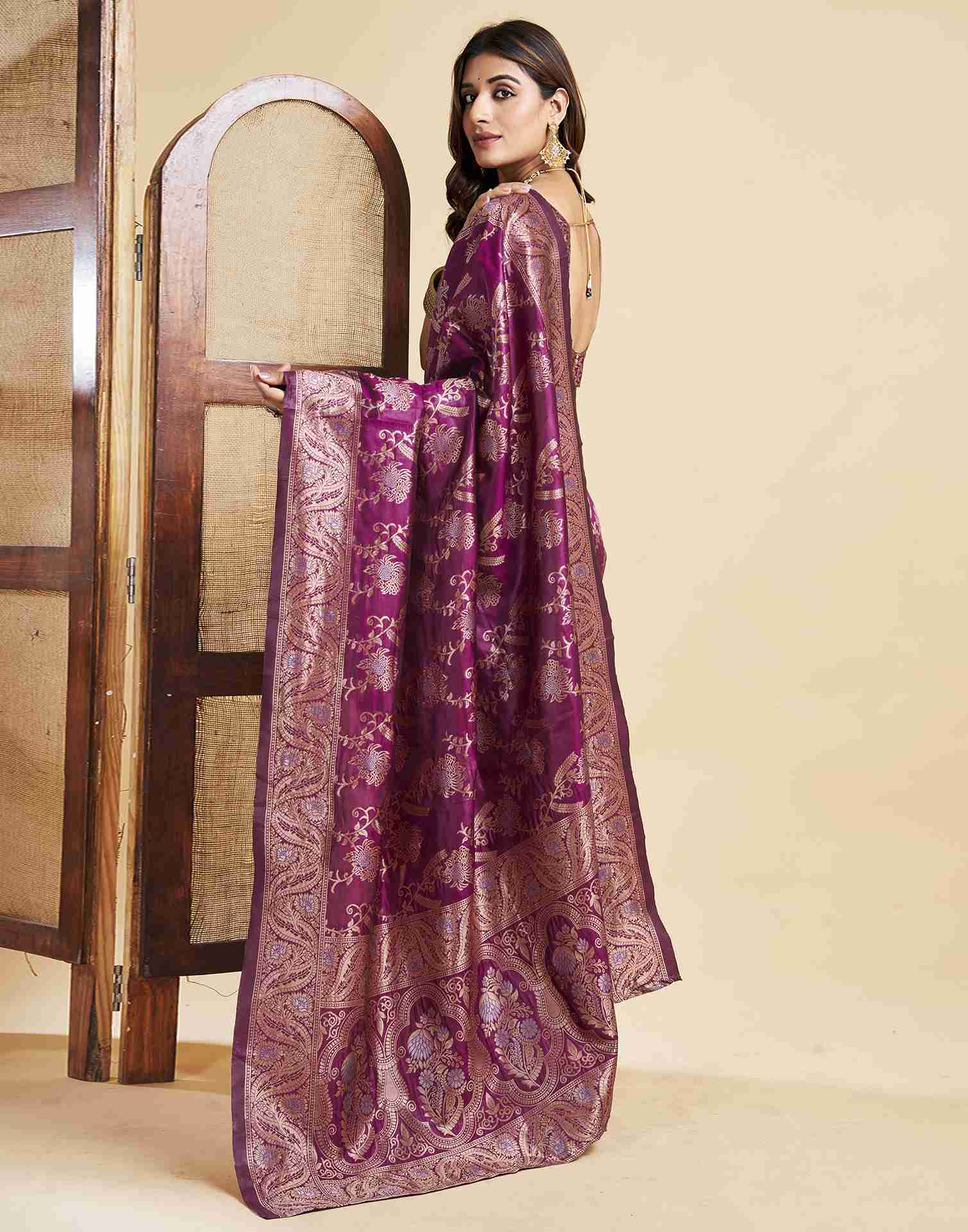 Wine Floral Banarasi Silk Saree