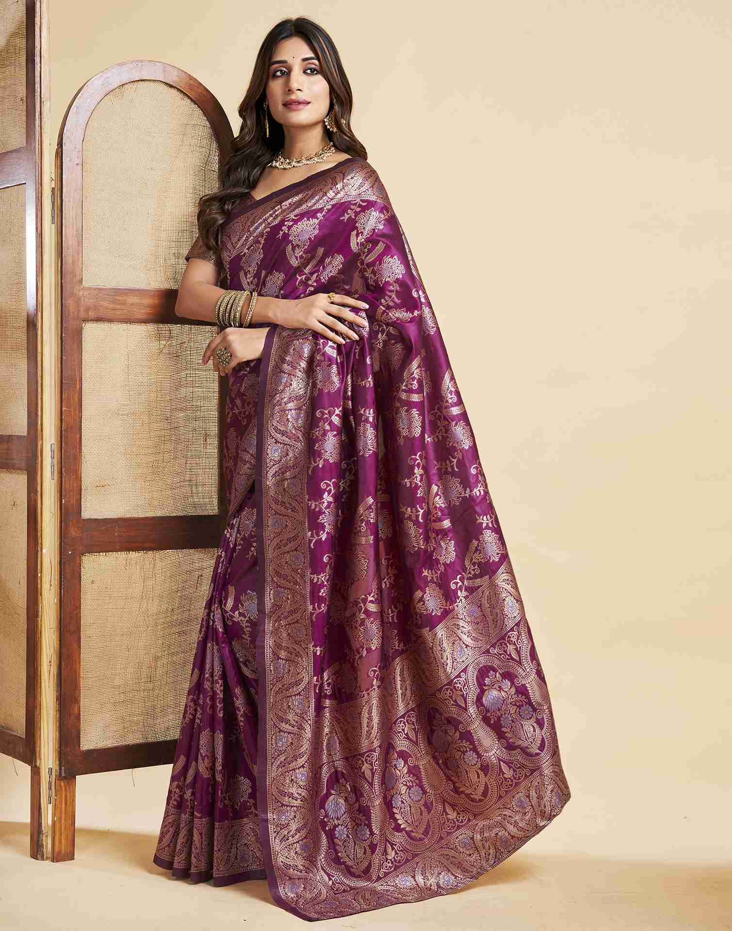 Wine Floral Banarasi Silk Saree