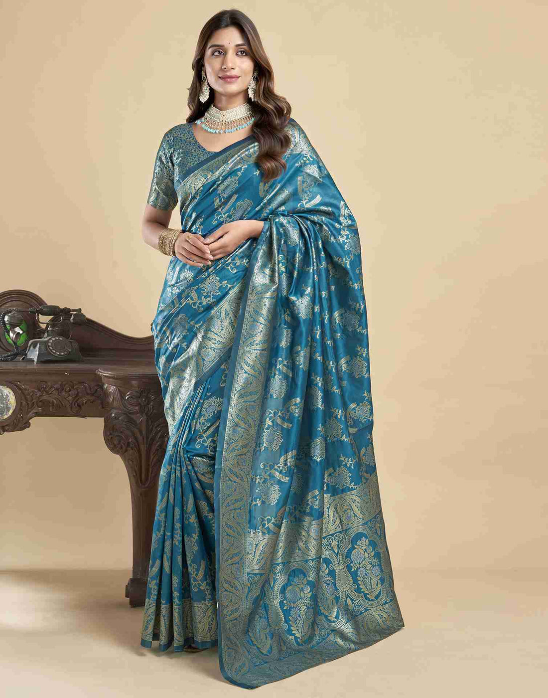Rama Blue Silk Woven Banarasi Saree