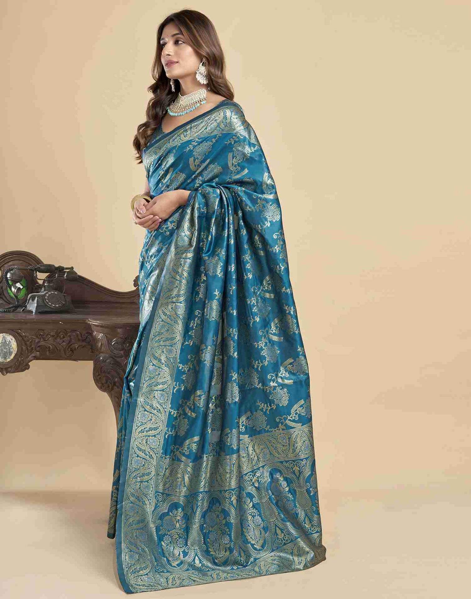 Sky Blue Floral Banarasi Silk Saree