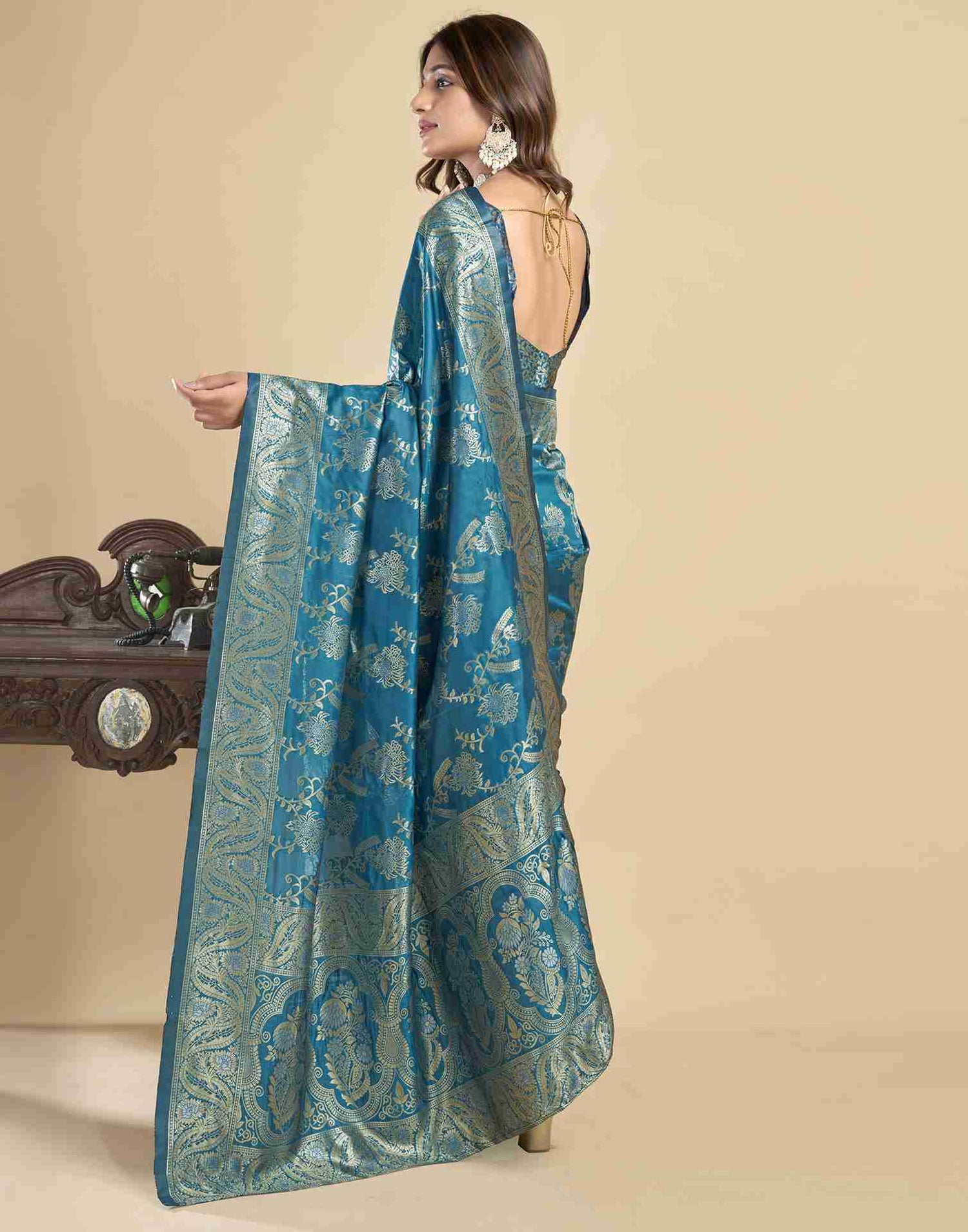 Sky Blue Floral Banarasi Silk Saree