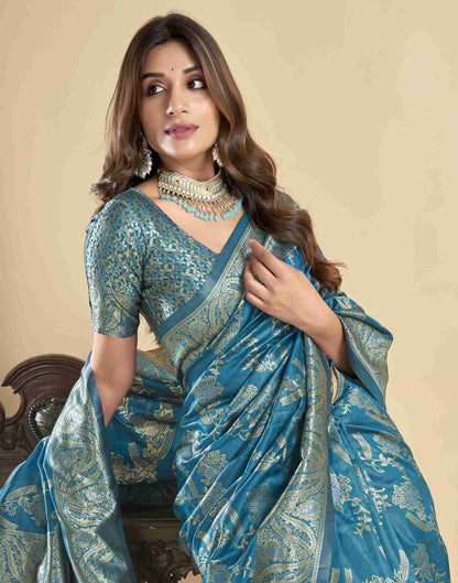 Sky Blue Floral Banarasi Silk Saree