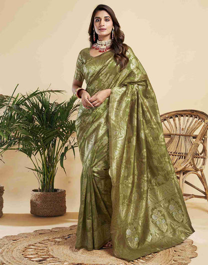 Olive Green Floral Banarasi Silk Saree