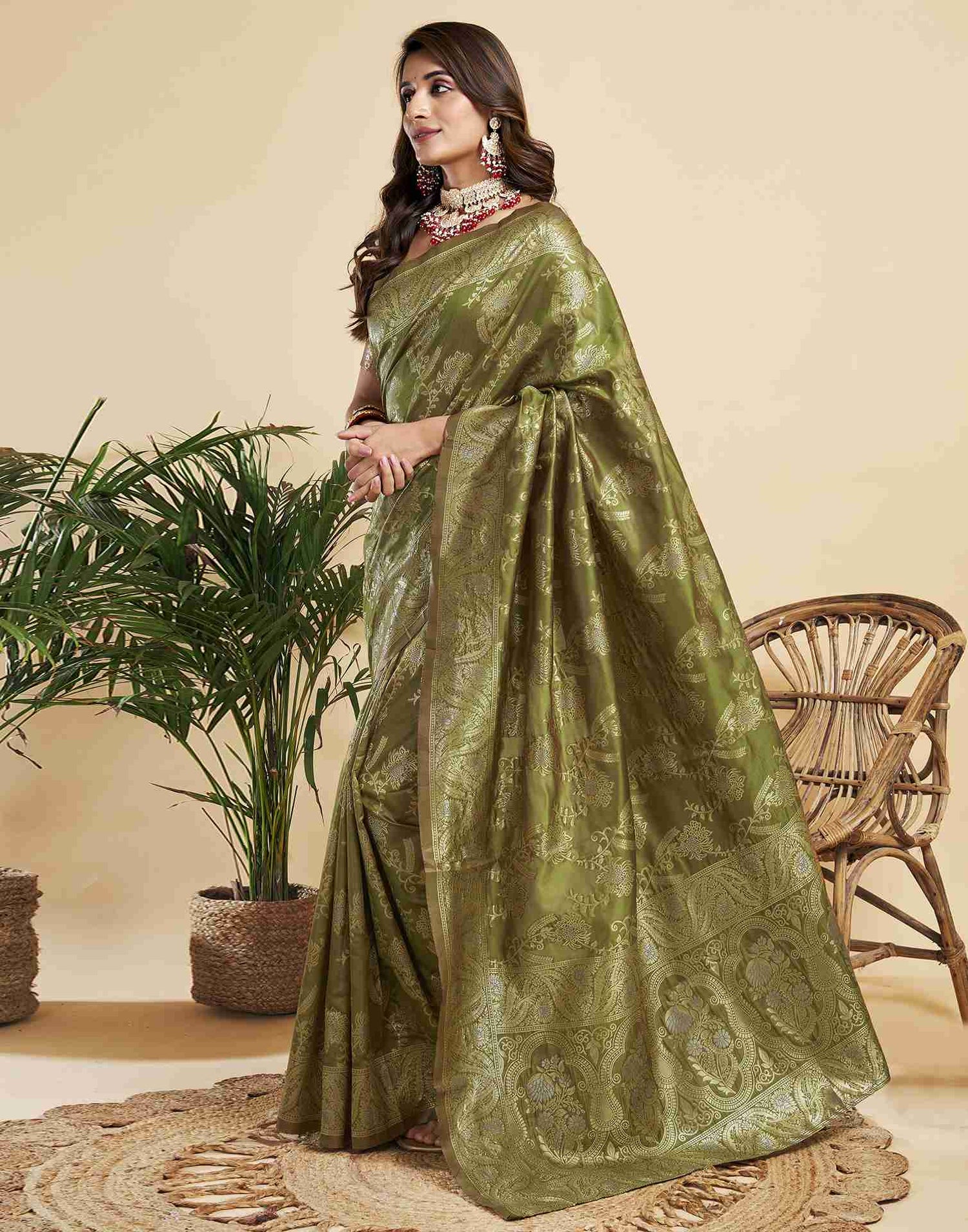 Olive Green Floral Banarasi Silk Saree