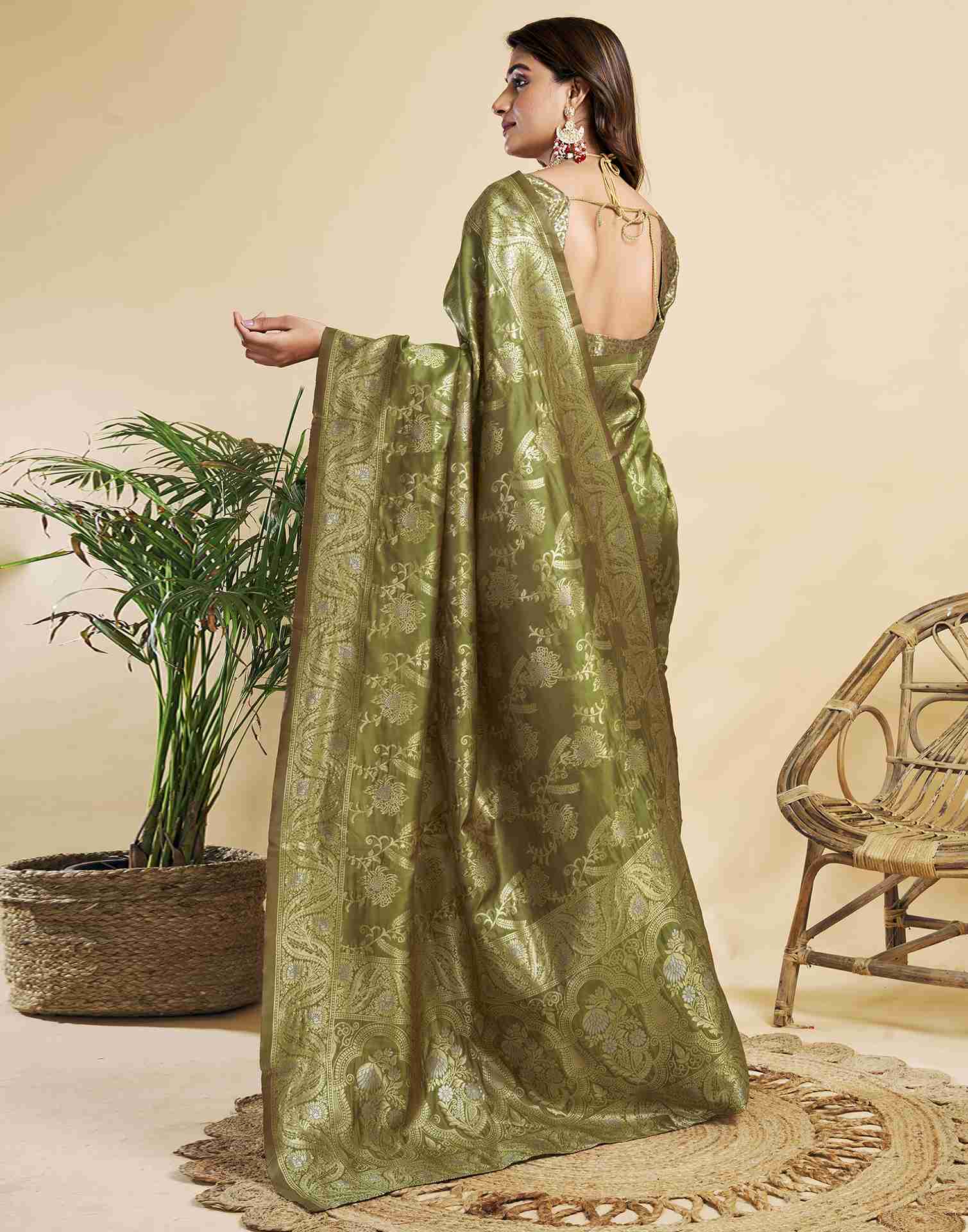 Olive Green Floral Banarasi Silk Saree