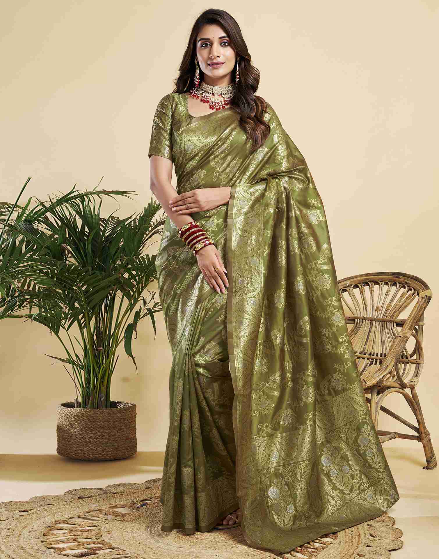 Olive Green Floral Banarasi Silk Saree