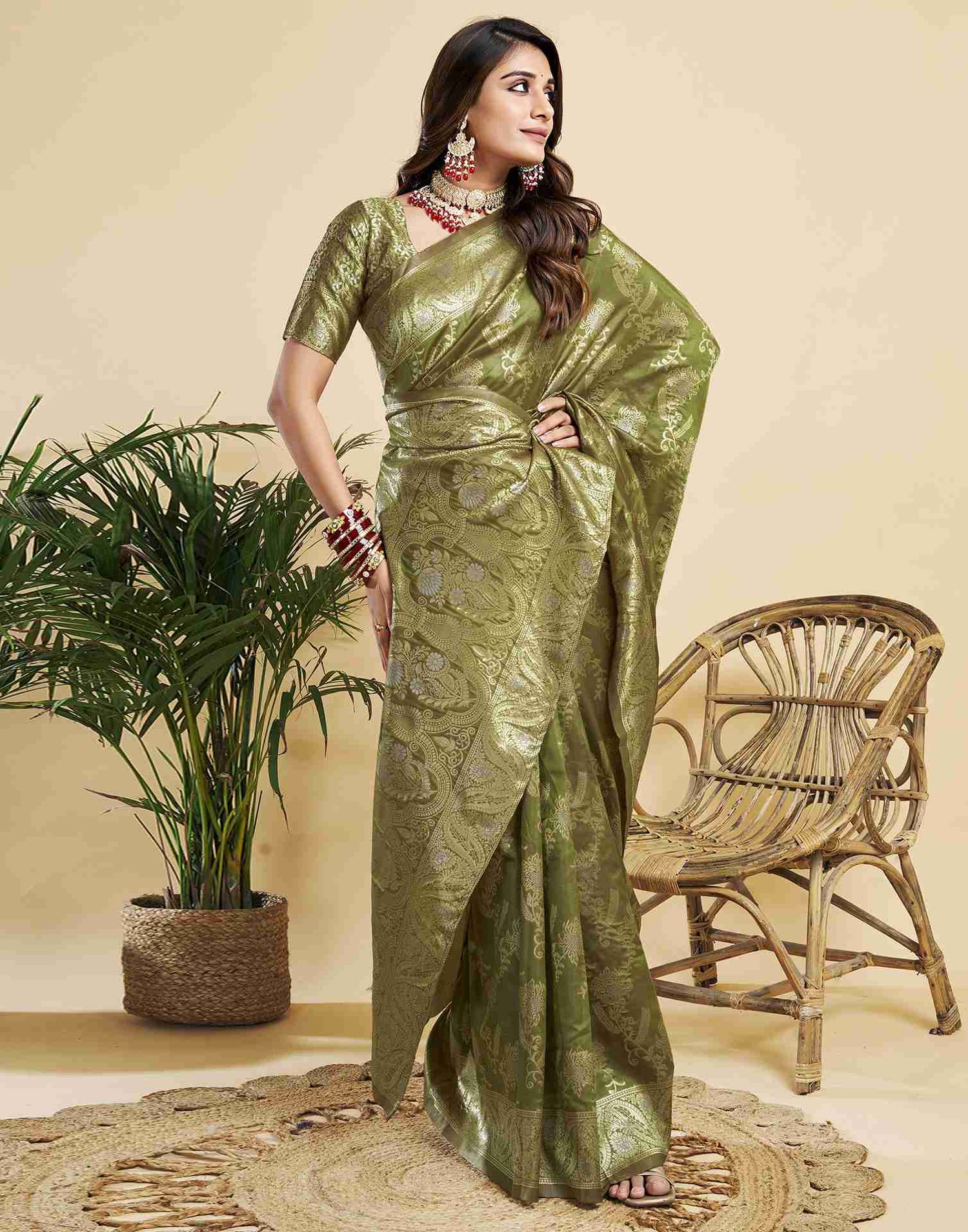 Olive Green Floral Banarasi Silk Saree