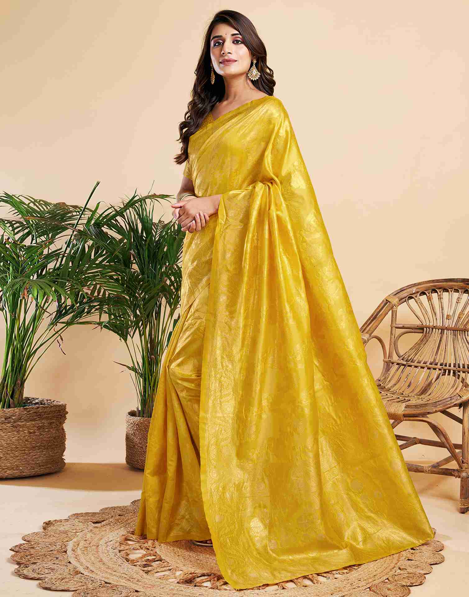 Yellow Floral Banarasi Silk Saree