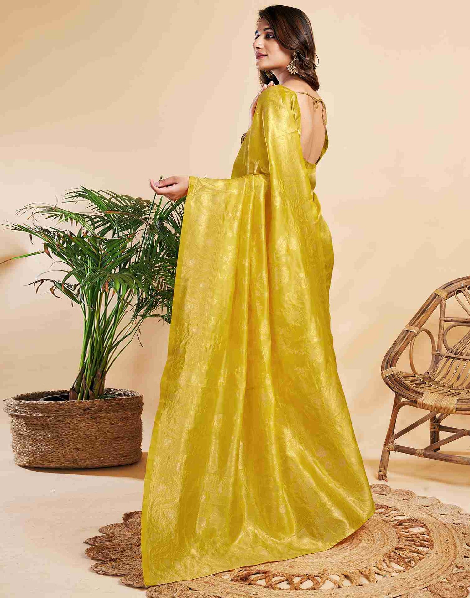 Yellow Floral Banarasi Silk Saree