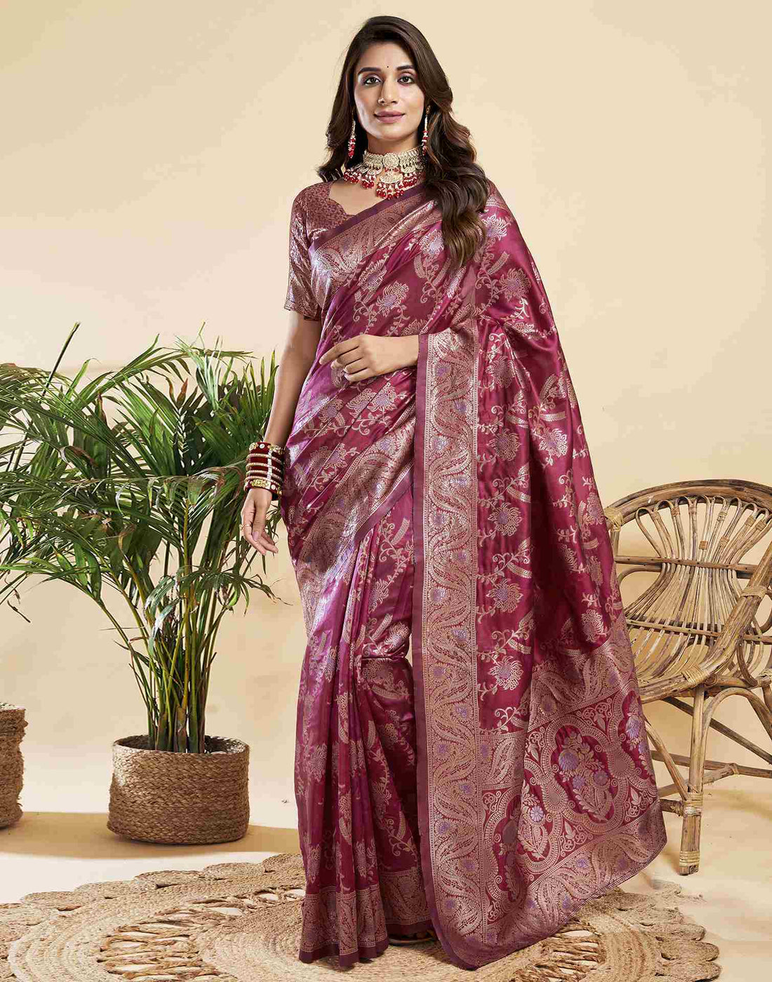 Rouge Floral Banarasi Silk Saree