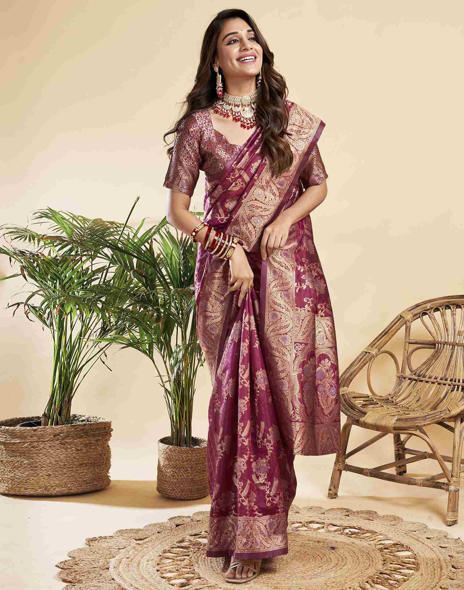 Rouge Floral Banarasi Silk Saree