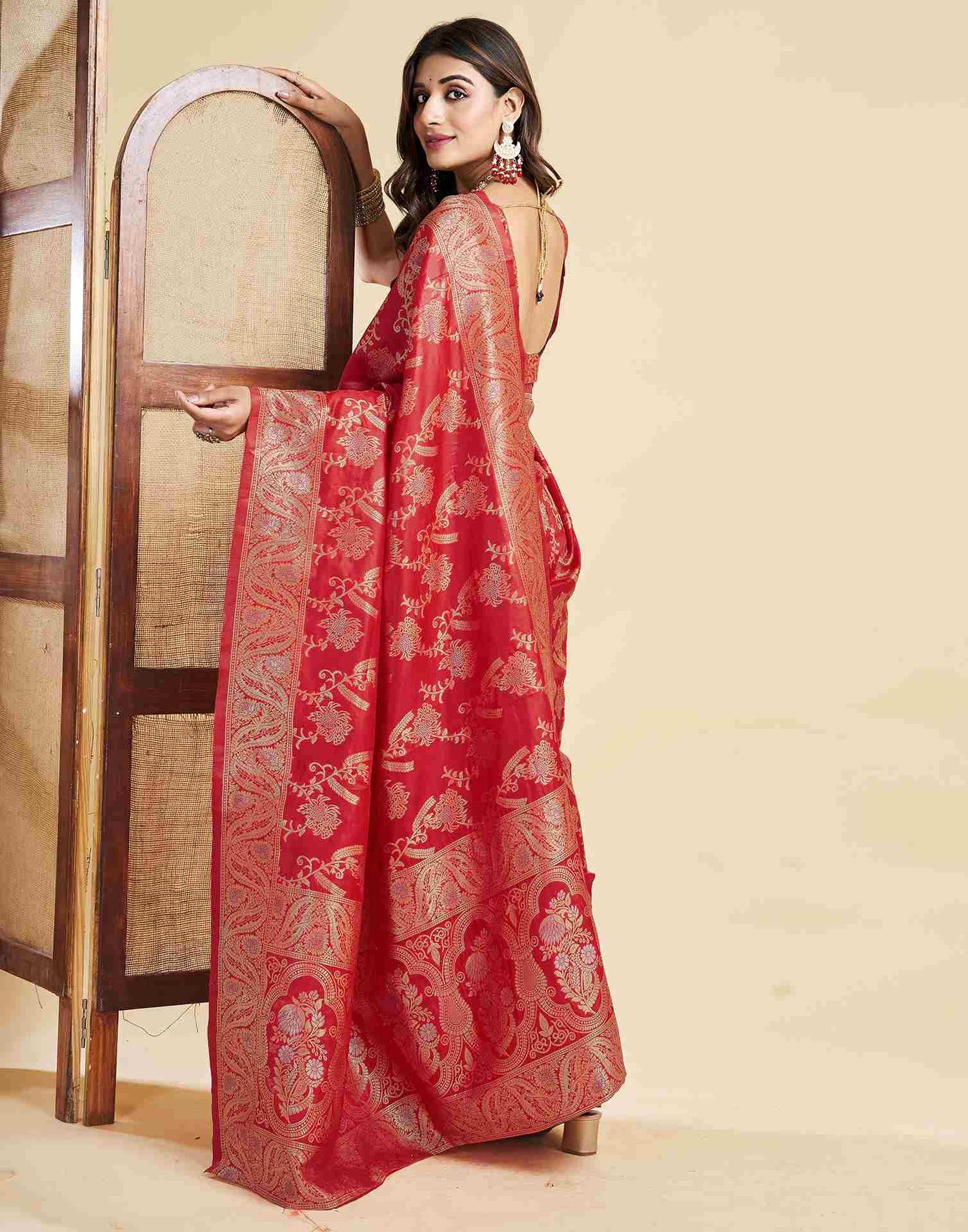 Red Floral Banarasi Silk Saree