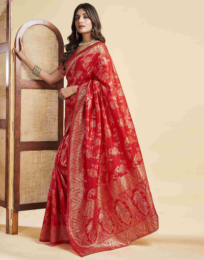 Red Floral Banarasi Silk Saree