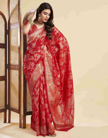 Red Floral Banarasi Silk Saree