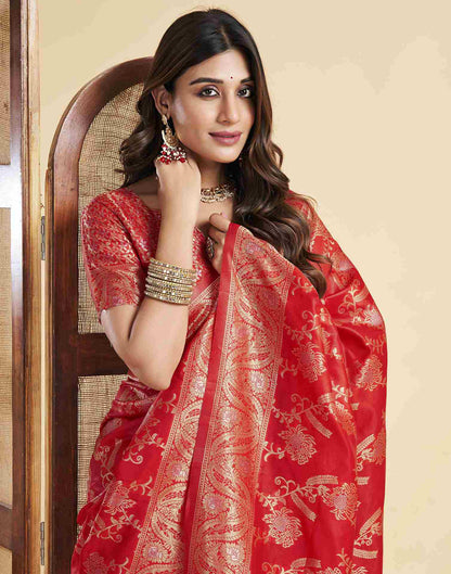 Red Floral Banarasi Silk Saree