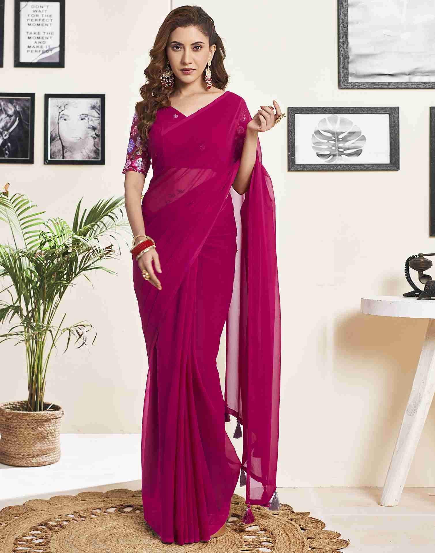 Dark Pink Georgette Plain Saree