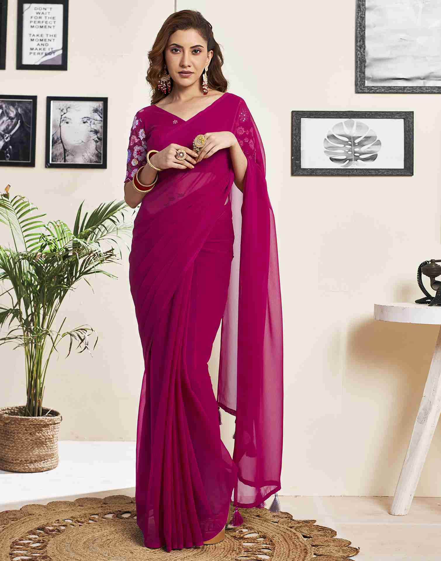 Dark Pink Georgette Plain Saree