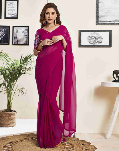 Dark Pink Georgette Plain Saree