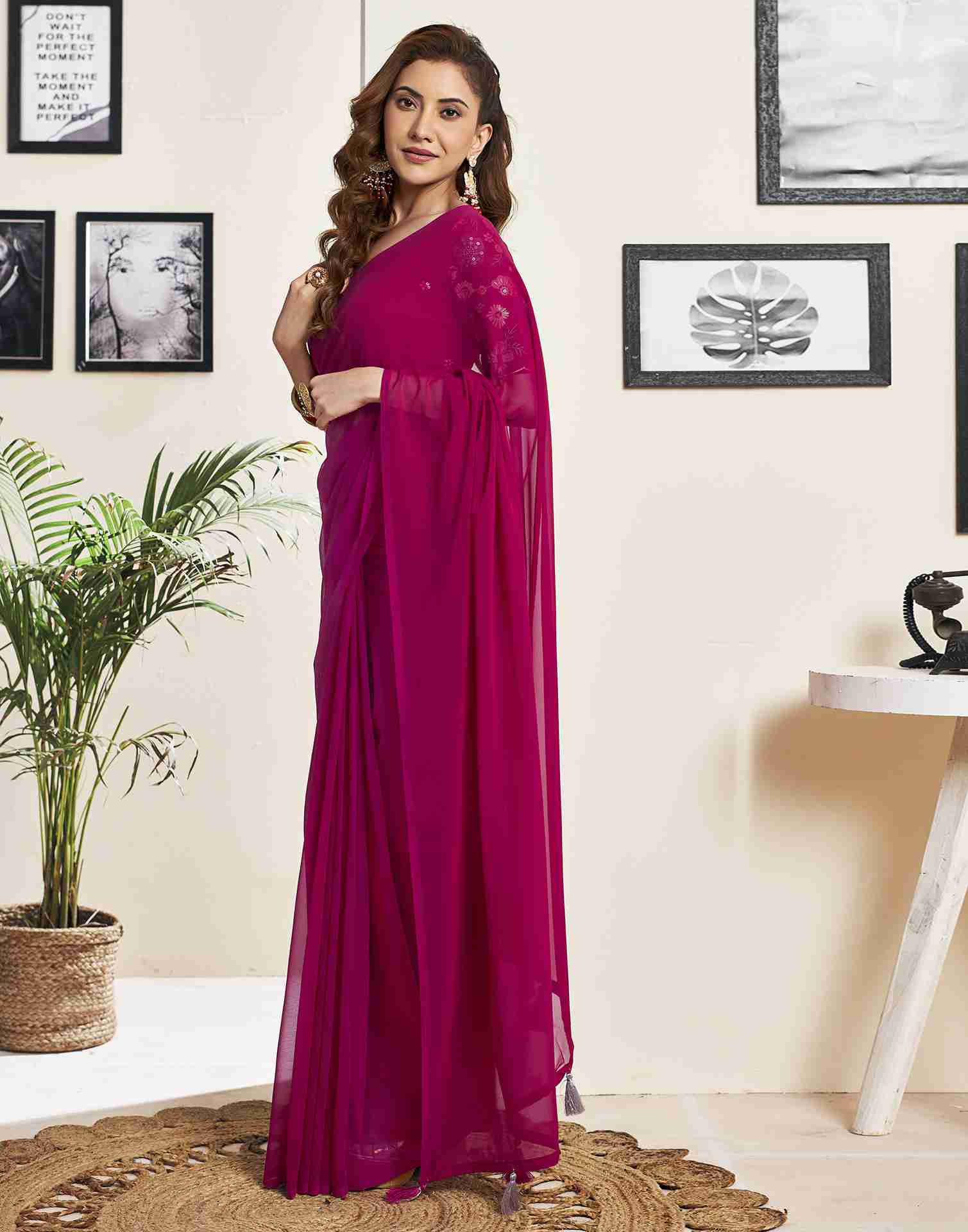 Dark Pink Georgette Plain Saree