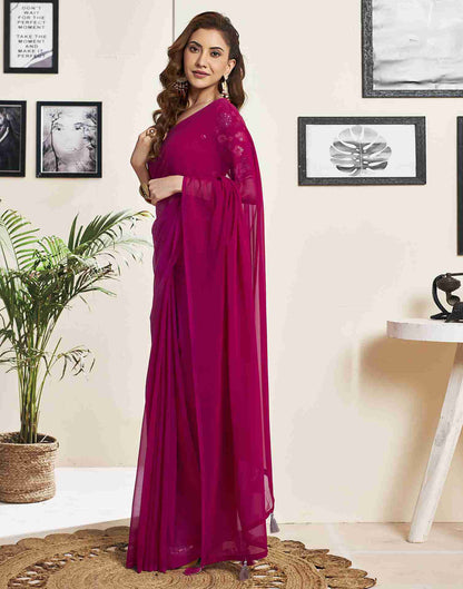 Dark Pink Georgette Plain Saree