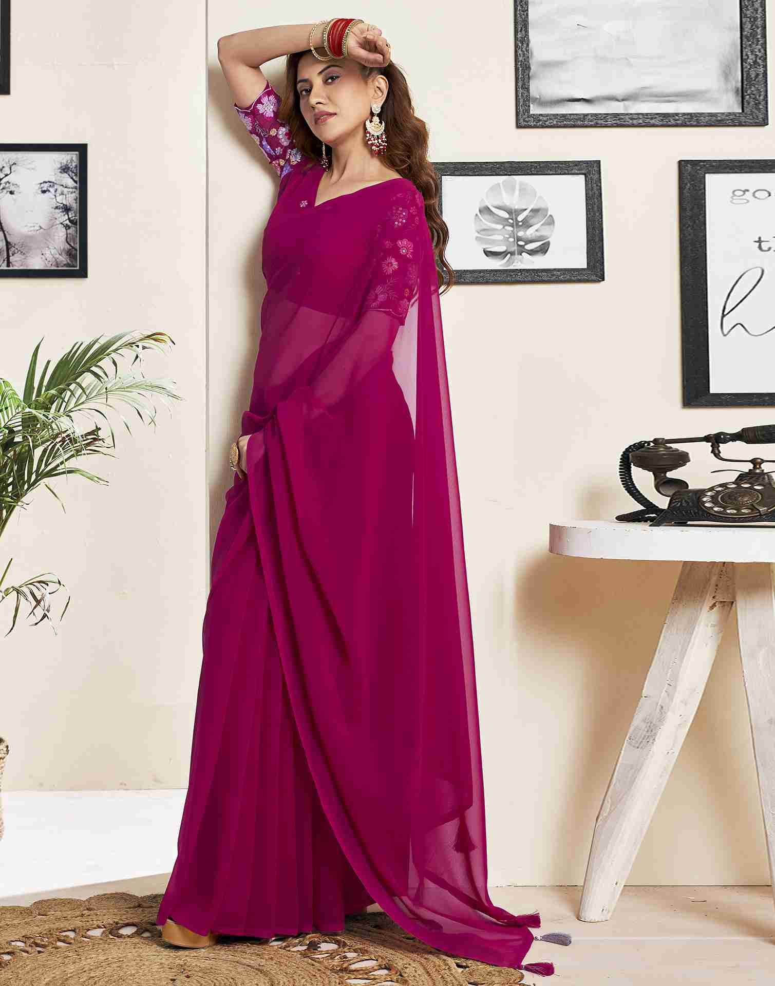 Dark Pink Georgette Plain Saree