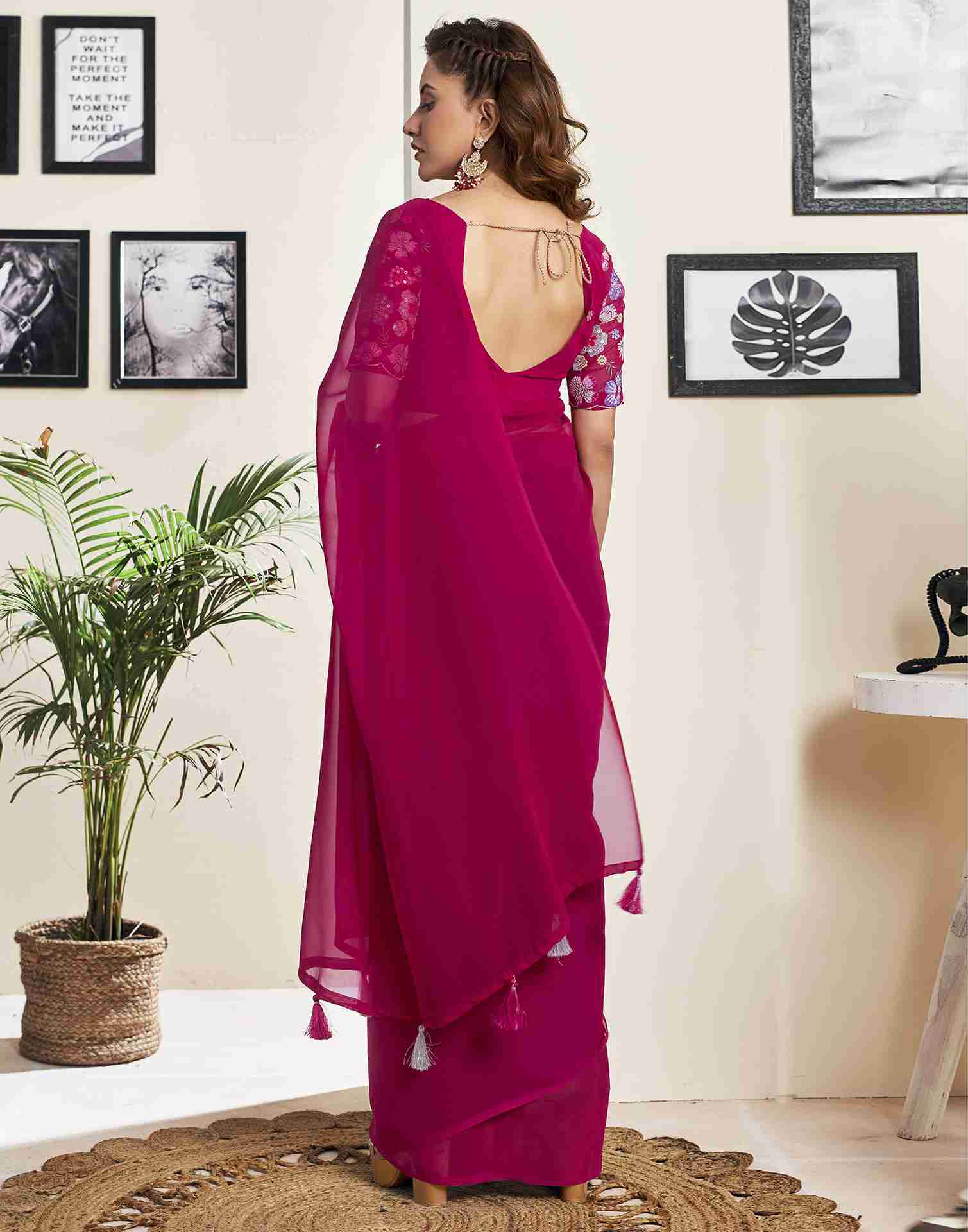 Dark Pink Georgette Plain Saree