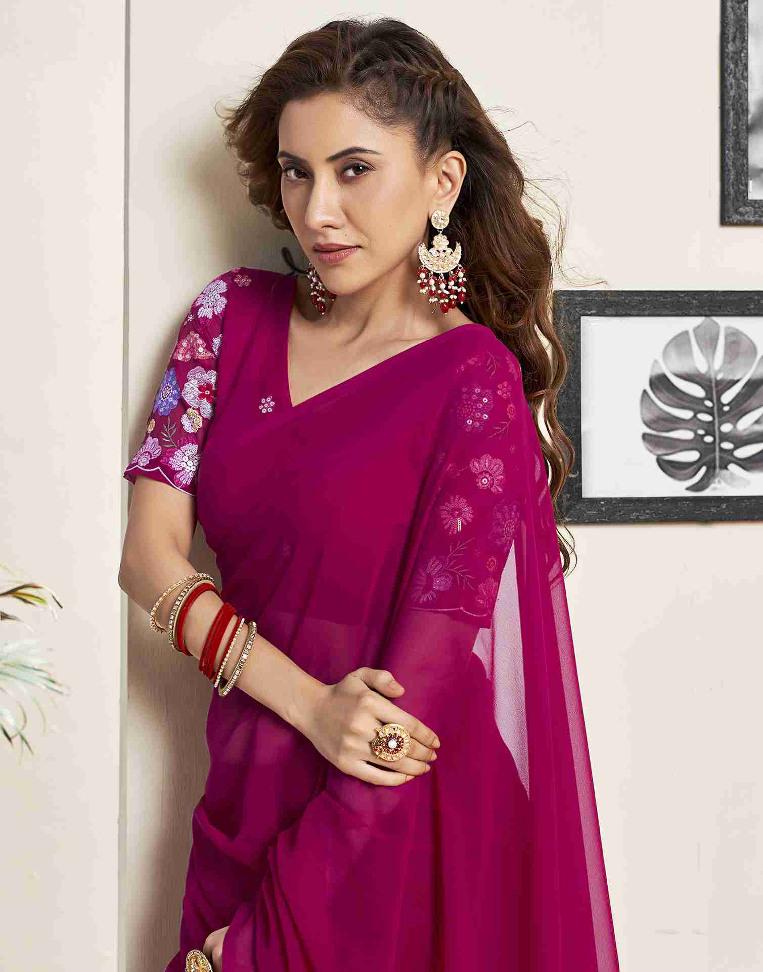 Dark Pink Georgette Plain Saree