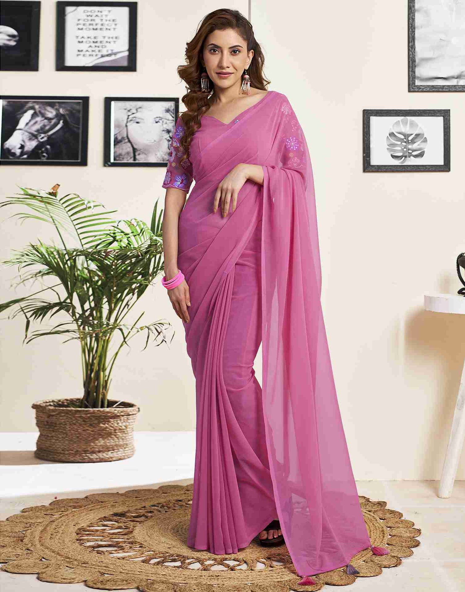 Dusty Pink Georgette Plain Saree