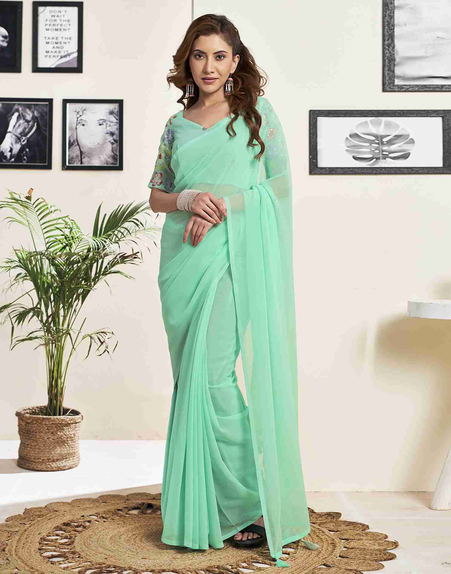 Mint Green Georgette Plain Saree