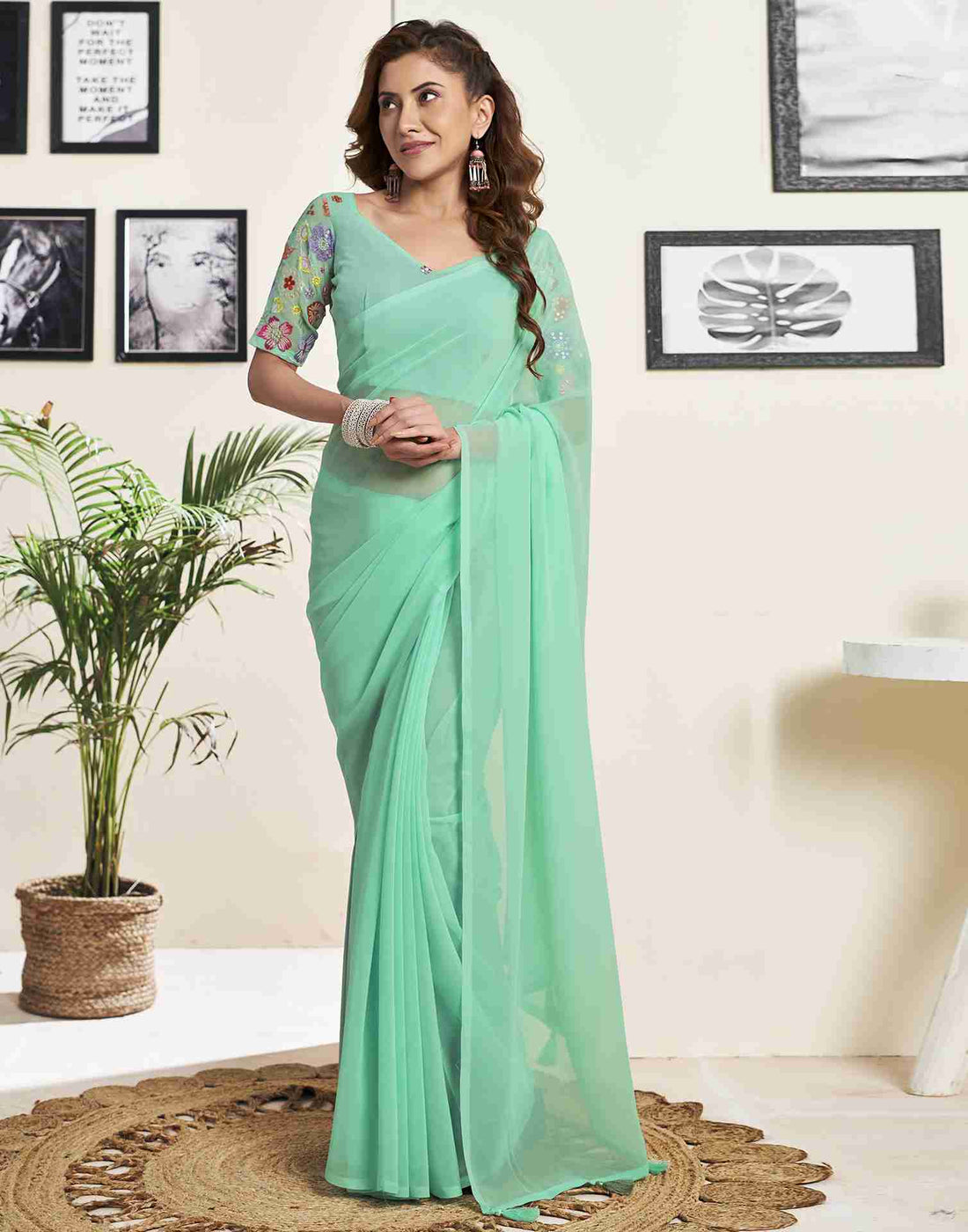 Mint Green Georgette Plain Saree