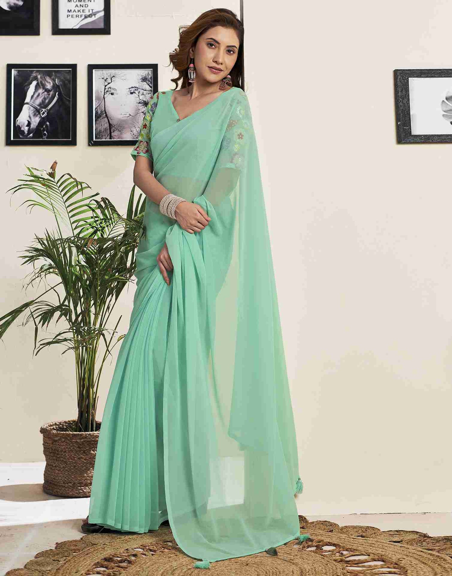 Mint Green Georgette Plain Saree