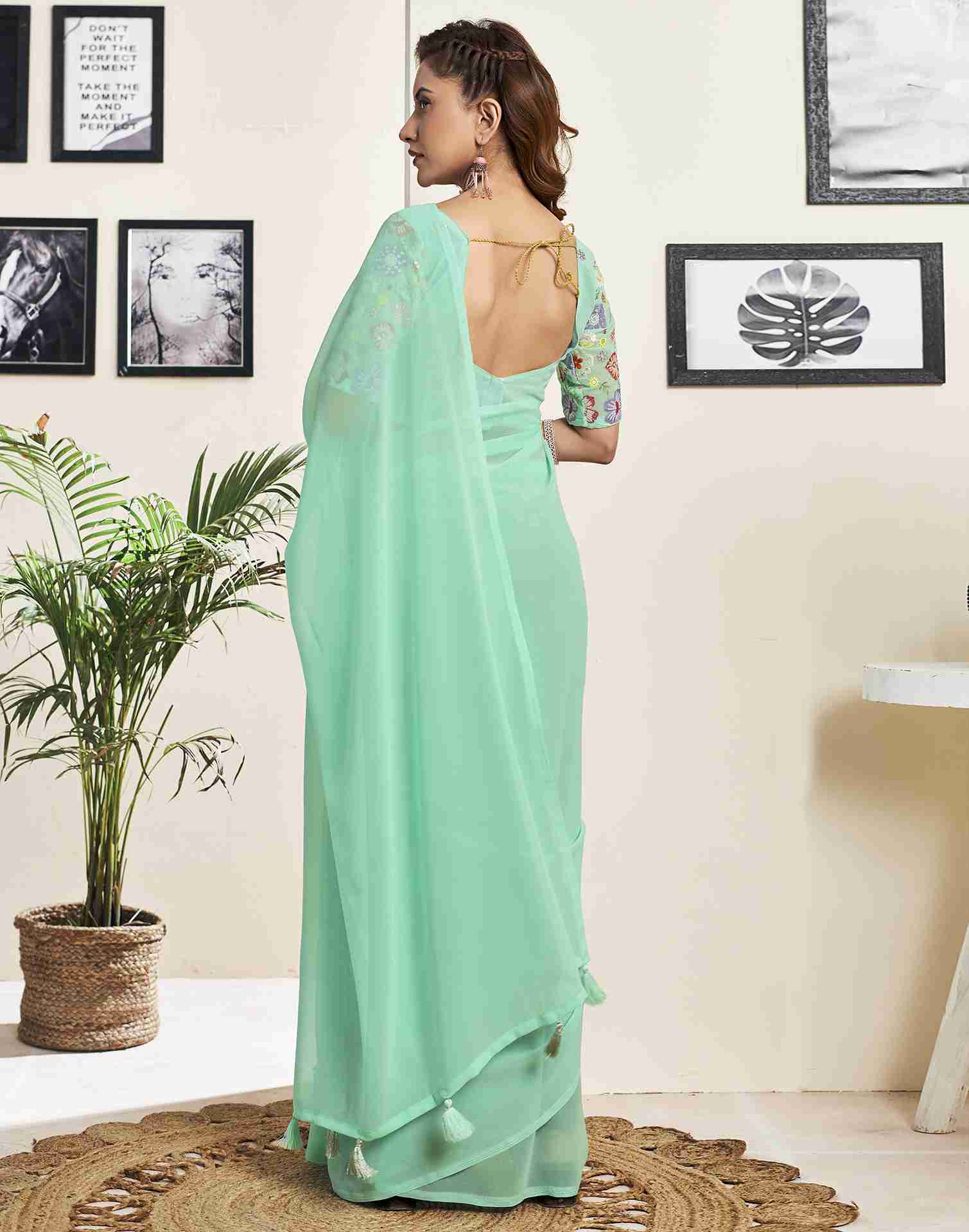 Mint Green Georgette Plain Saree