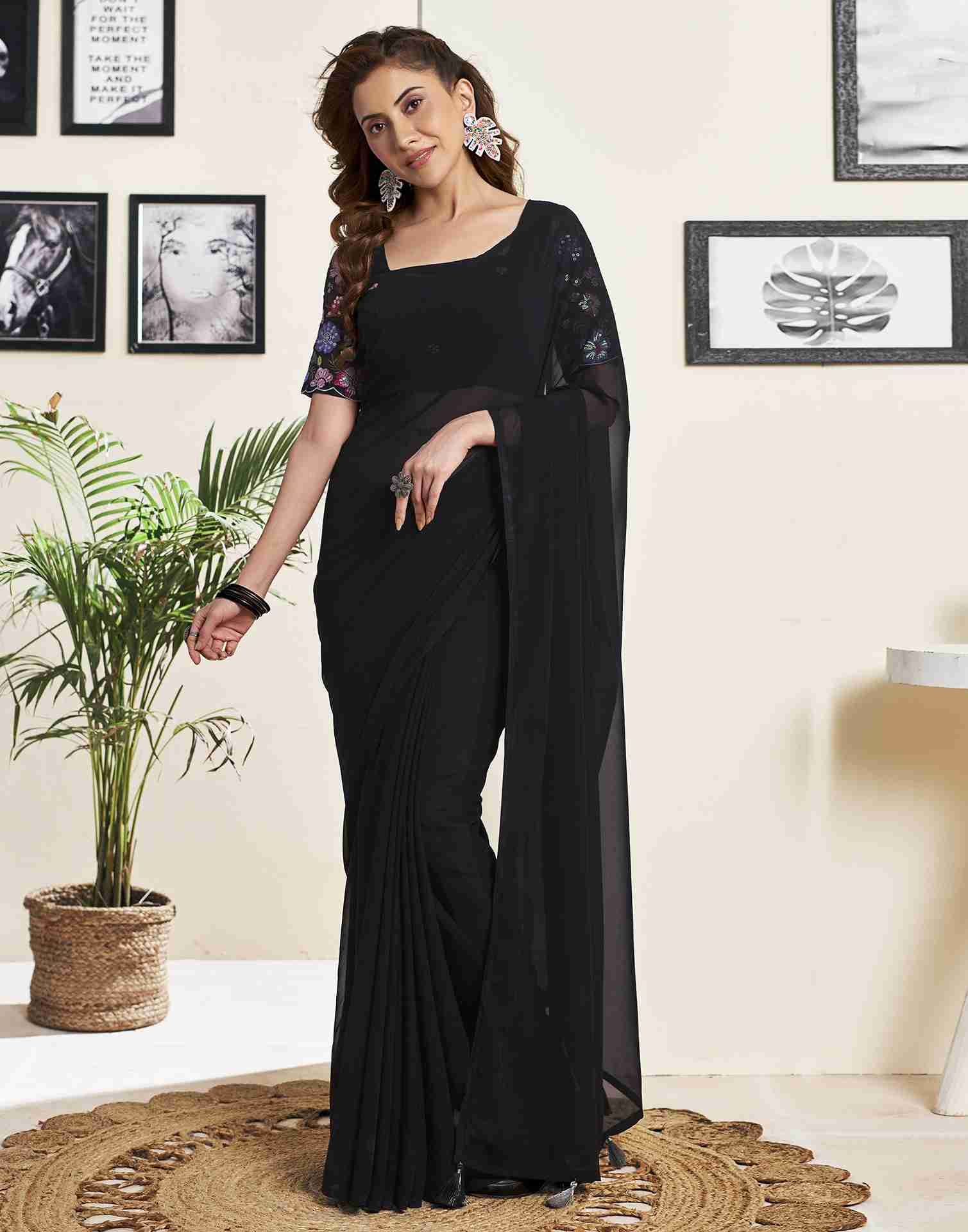 Black Georgette Plain Saree