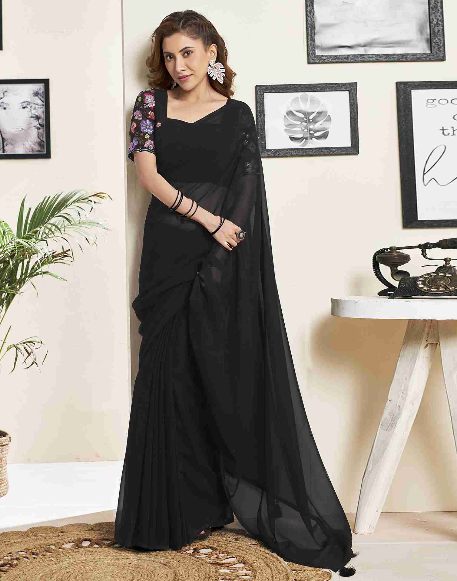 Black Georgette Plain Saree