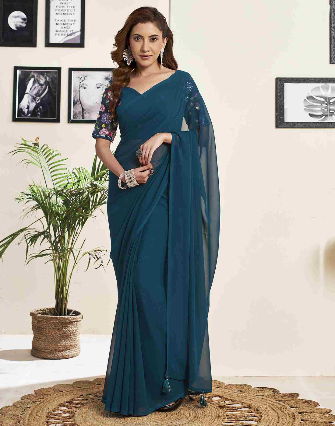 Teal Blue Georgette Plain Saree