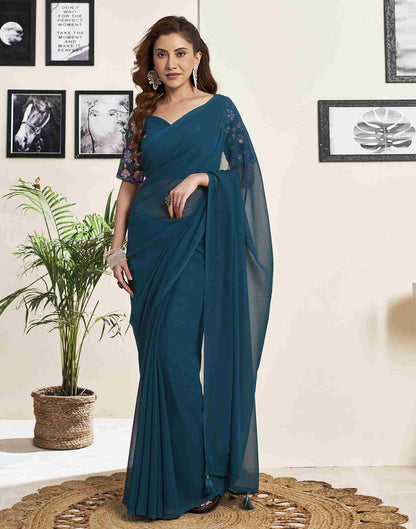 Teal Blue Georgette Plain Saree