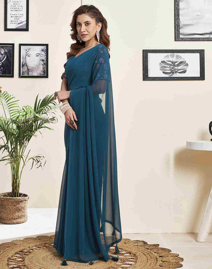 Teal Blue Georgette Plain Saree