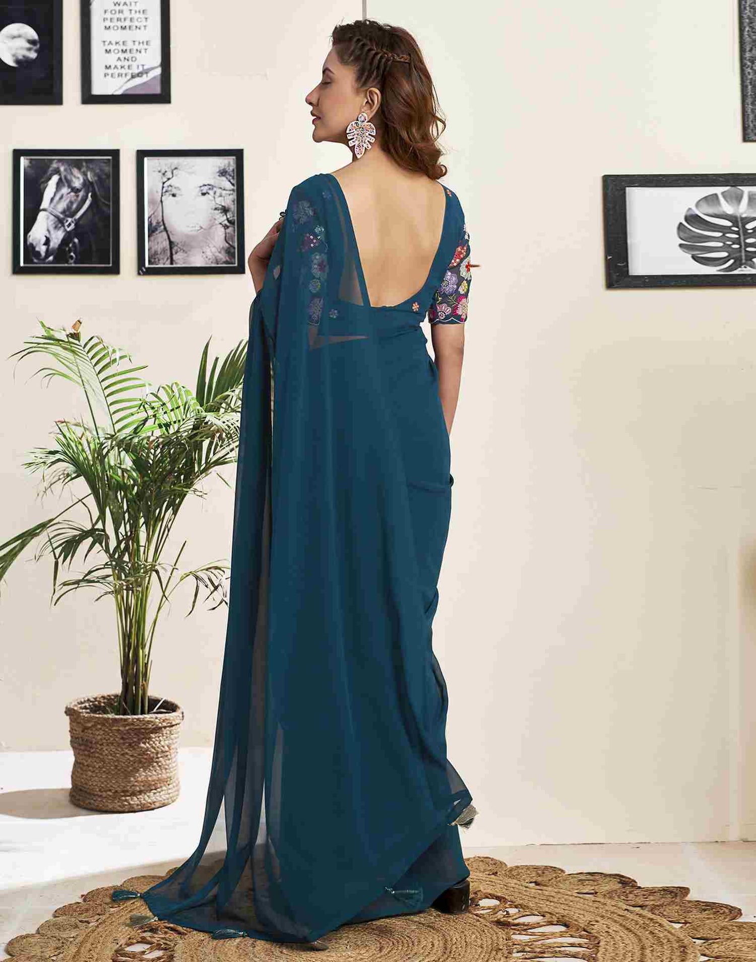 Teal Blue Georgette Plain Saree