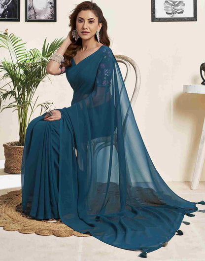 Teal Blue Georgette Plain Saree