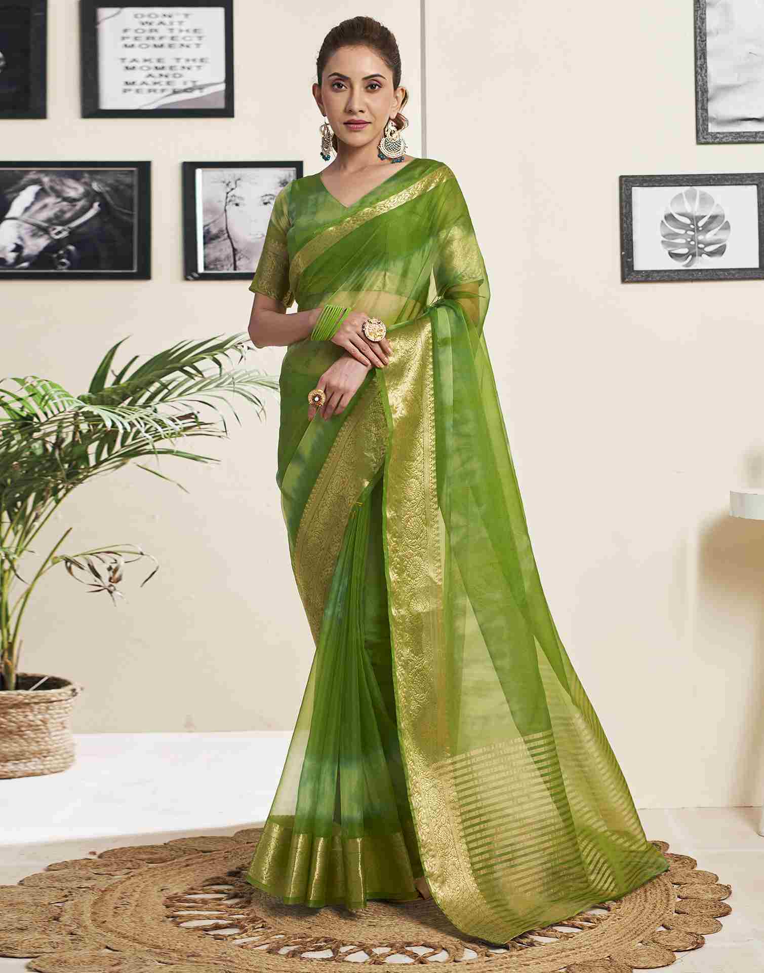 Green Organza Printed Woven Saree