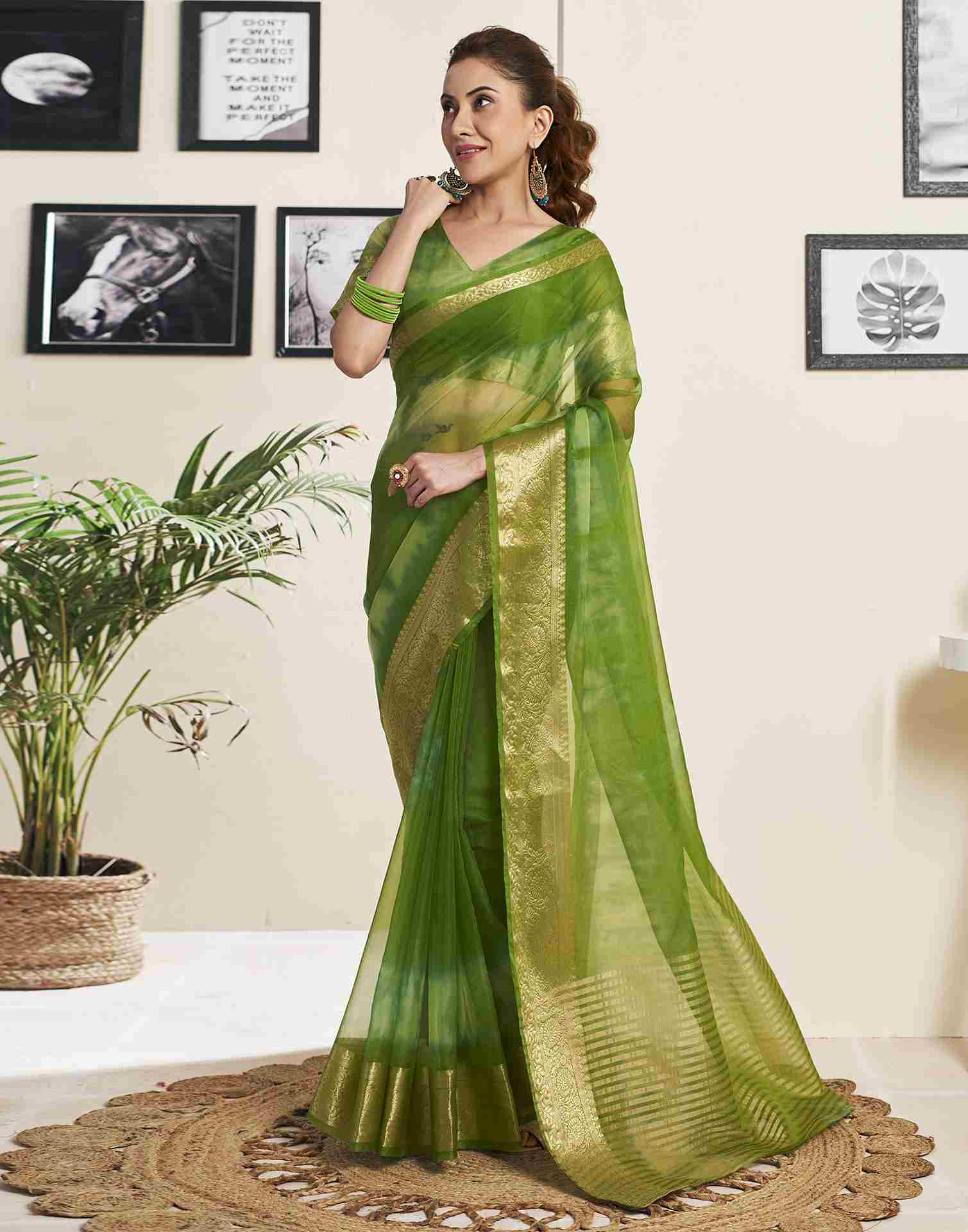 Green Organza Printed Woven Saree