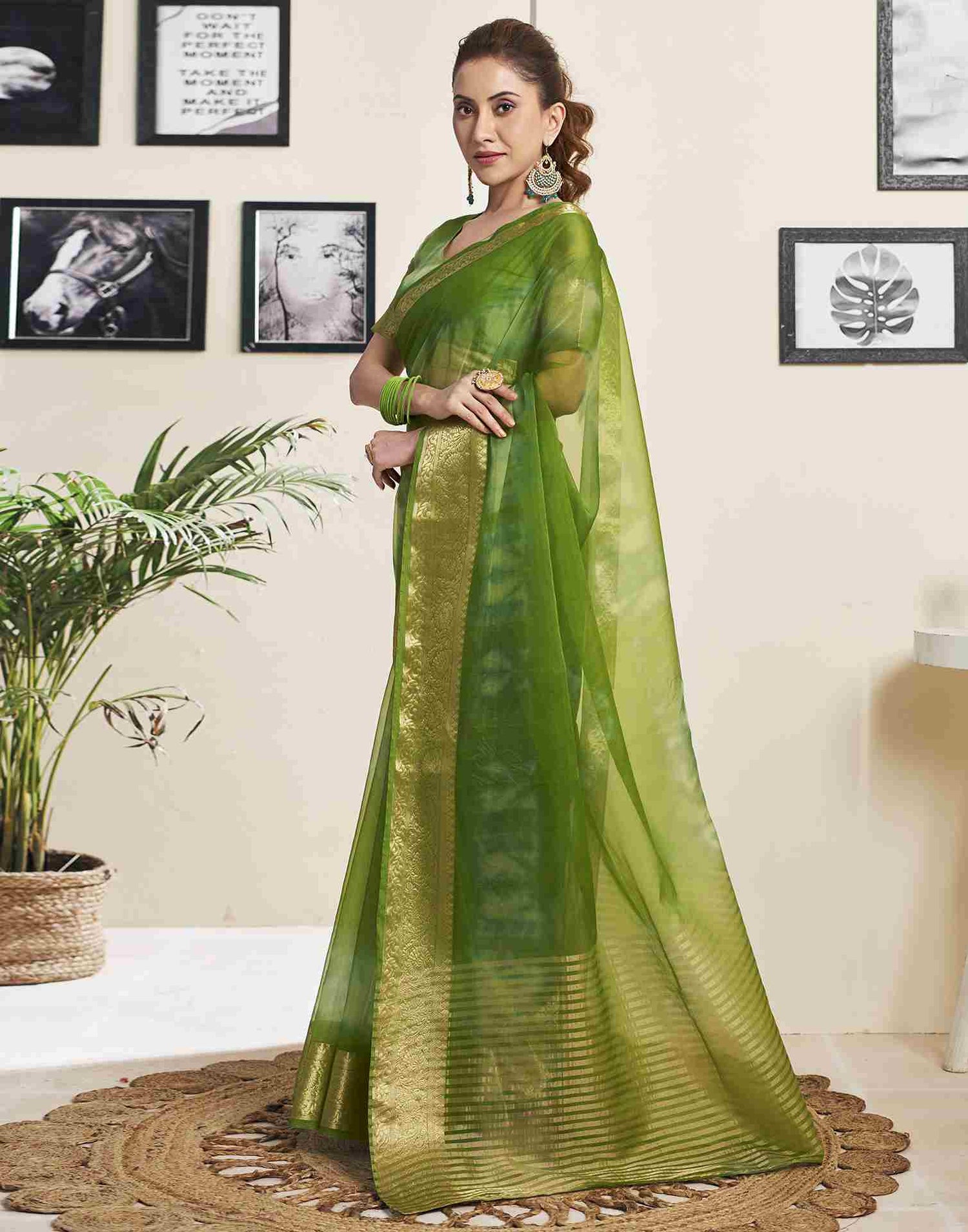 Green Organza Printed Woven Saree