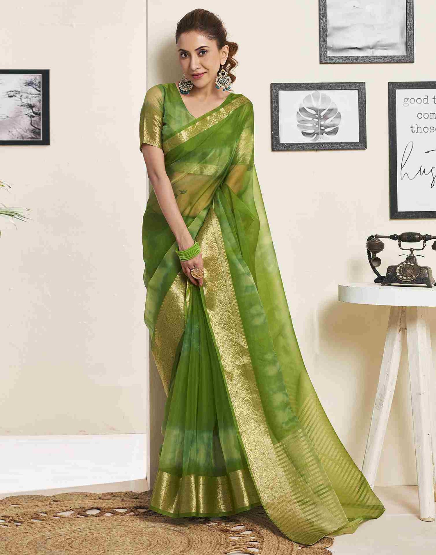 Green Organza Printed Woven Saree