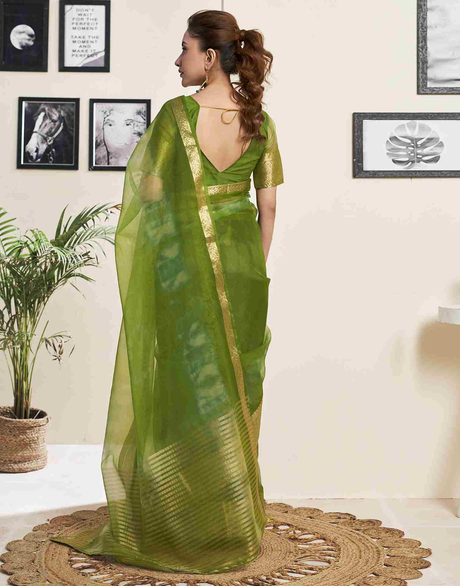 Green Organza Printed Woven Saree