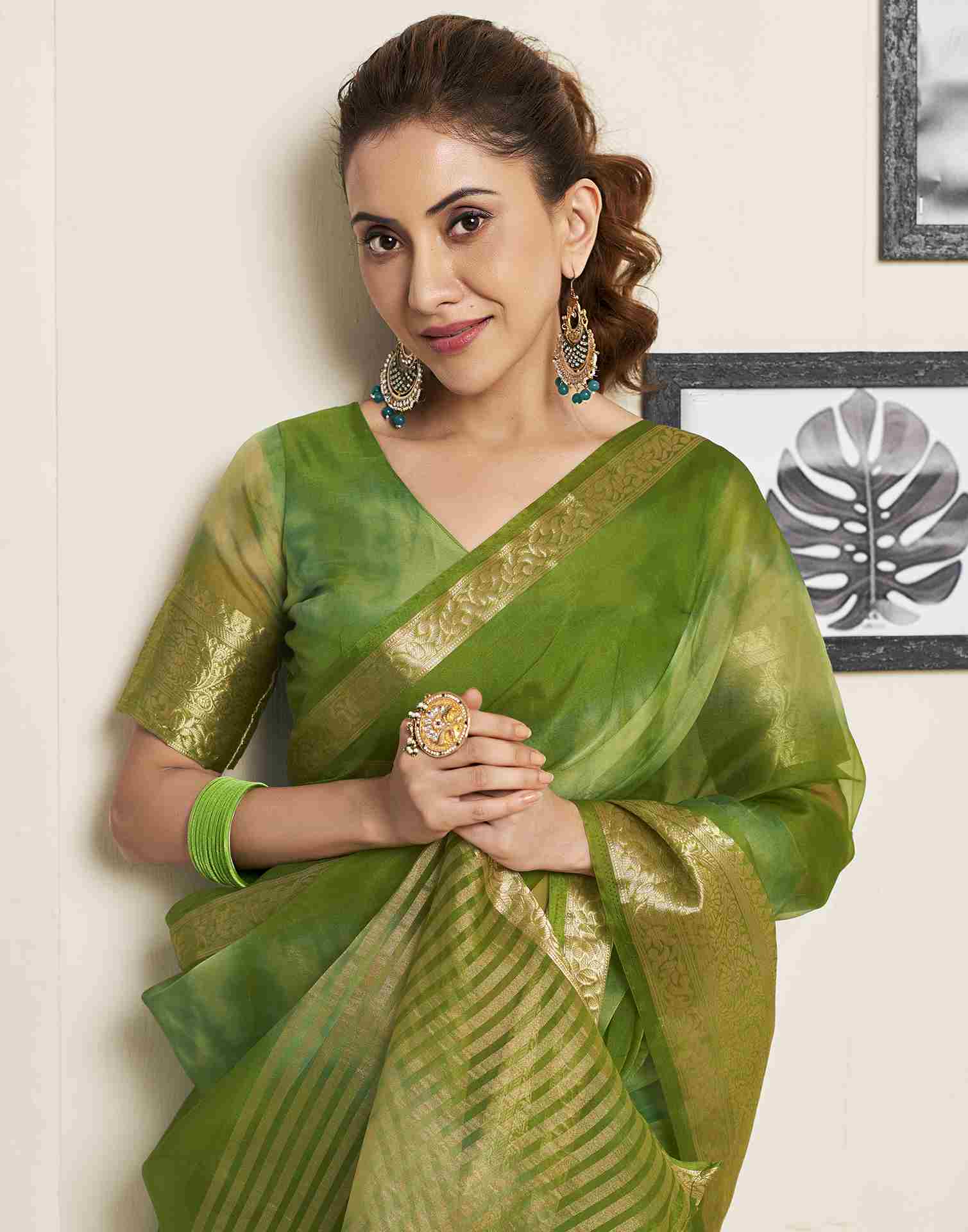 Green Organza Printed Woven Saree