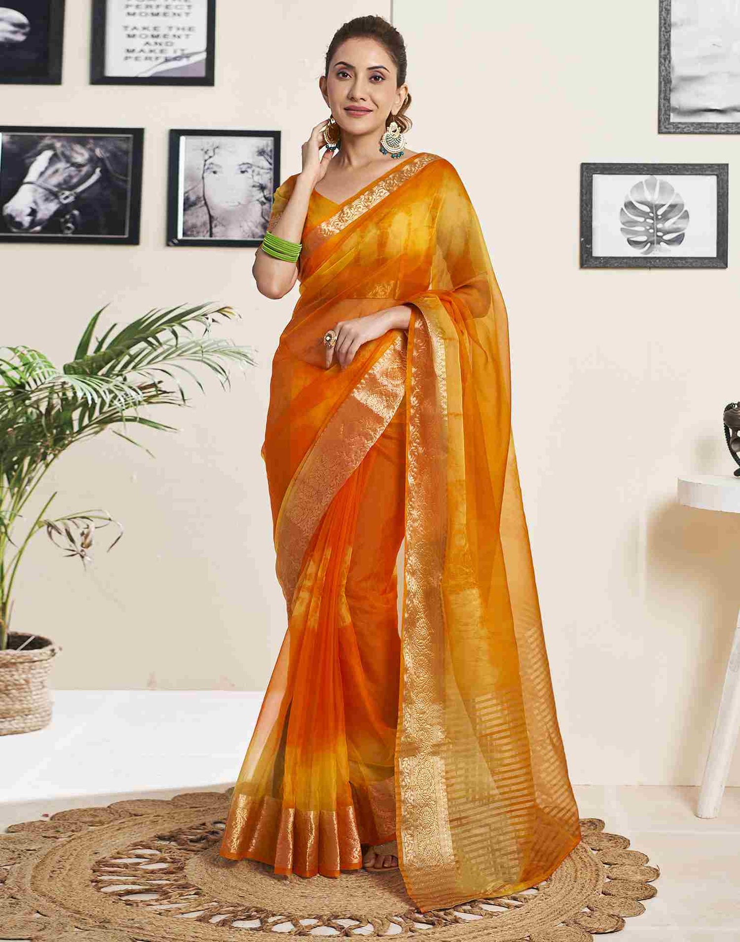 Orange Organza Printed Woven Saree