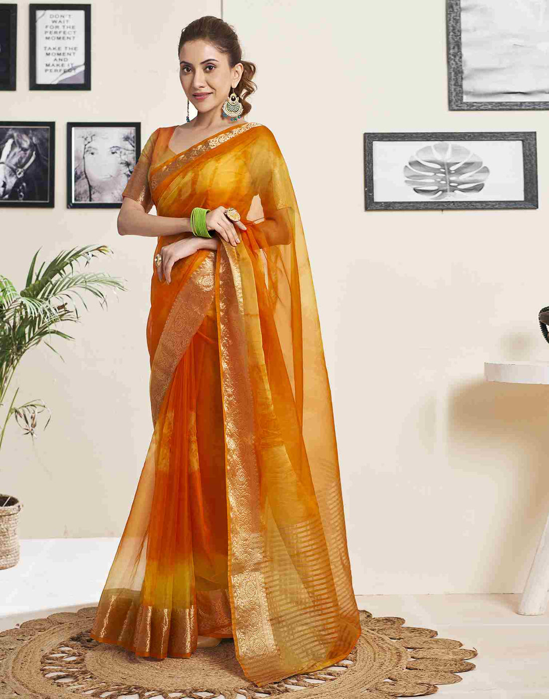 Orange Organza Printed Woven Saree